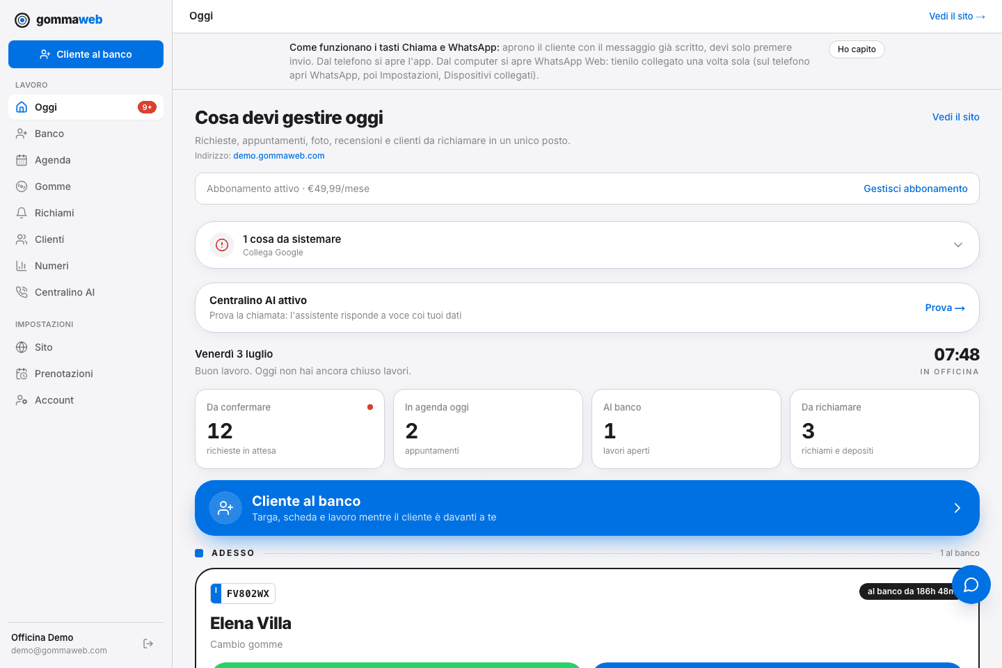 Pannello Gommaweb con richieste, appuntamenti e lavori del giorno